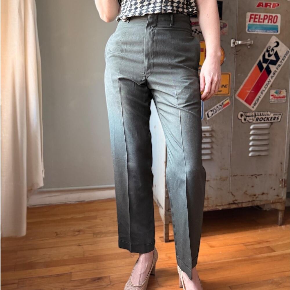 Vintage 60s High Waist Trousers | Forest Green Cigarette Pants Mad Men | 28"
